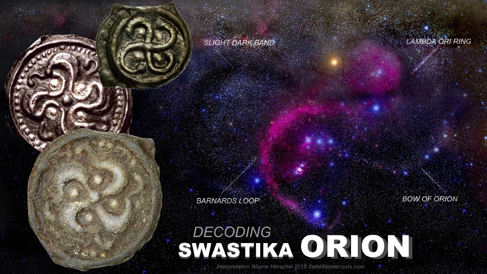 ASTRONOMICAL IMAGE OF ORION WITH AN OVERLAY OF A 6 MIN EXPOSURE SETTING FOR THE DARK BAND ARM AND A 4 MIN SETTING FOR THE NEBULA SEEN WITH CELTIC COINS THAT SHOW THE SAME SECRET